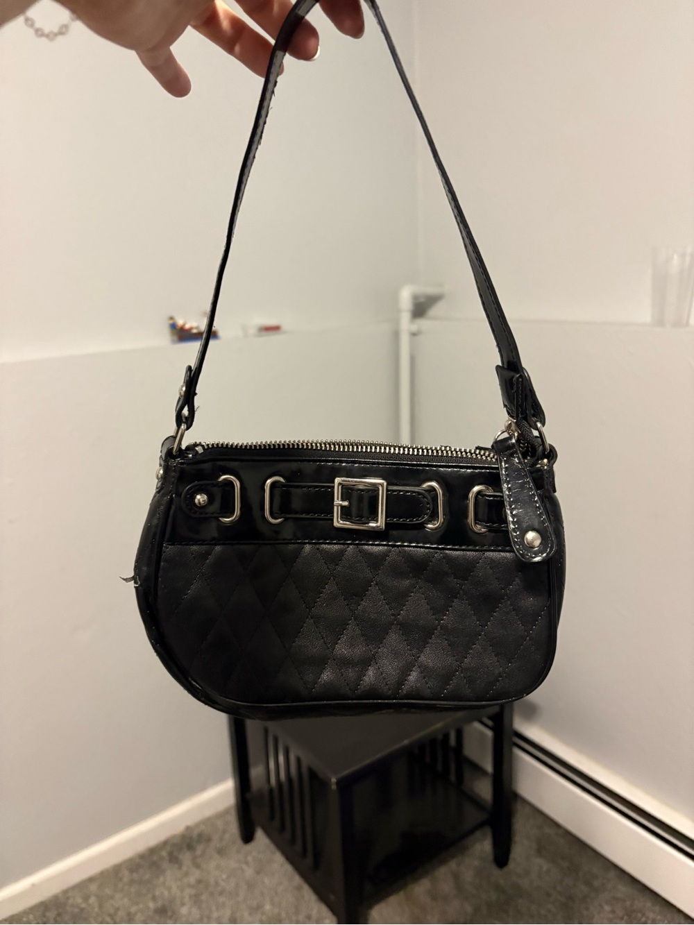 Quilted Black Shoulder Bag with Buckle Detail